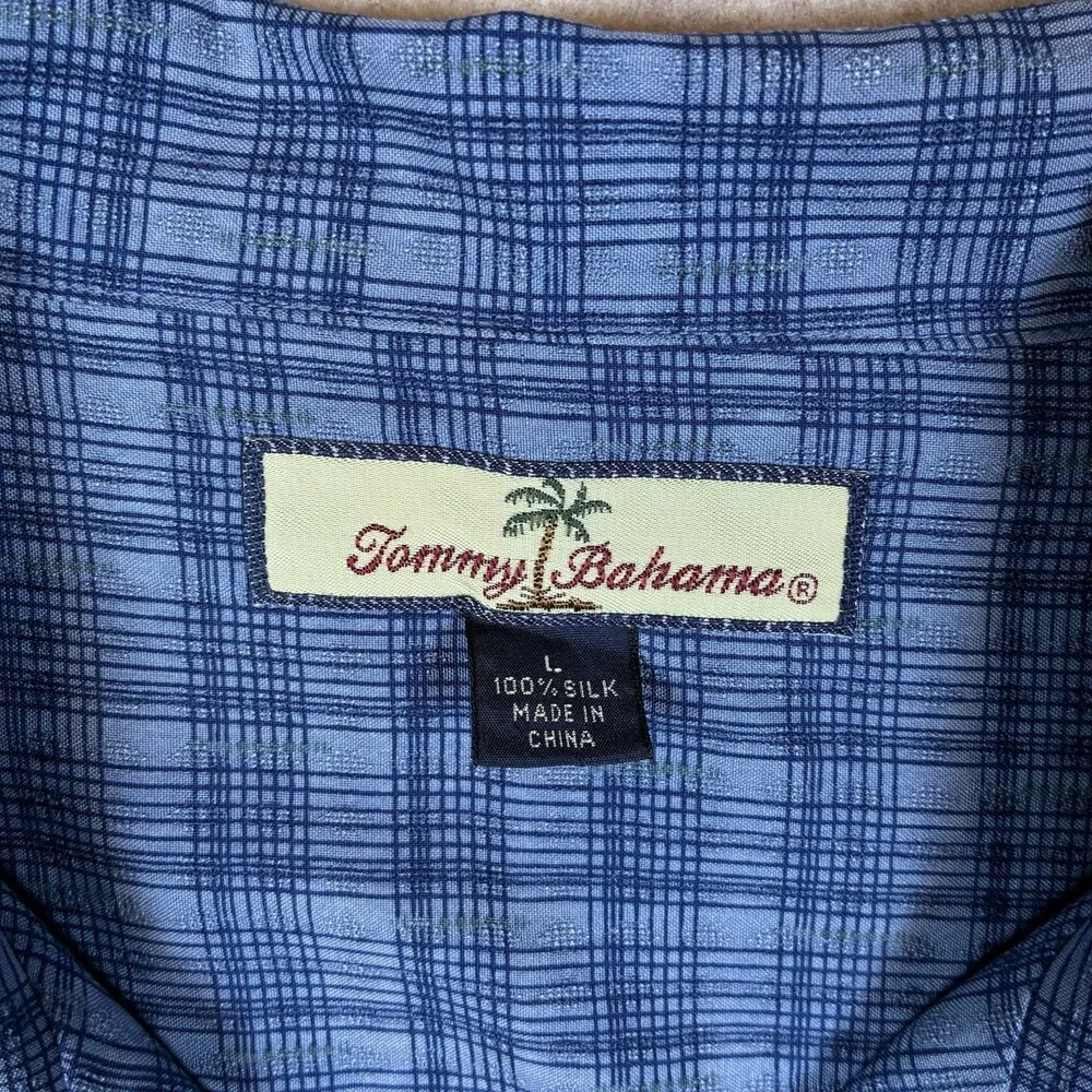 Tommy Bahama Men's L Blue Plaid Silk Button Up Shirt Resortwear Island Casual